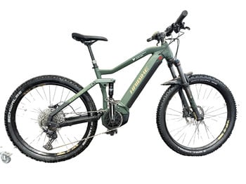 Ein grünes Haibike AllTrail E-Bike mit Federung und breiten Reifen.