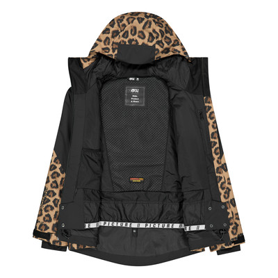 Schwarze Jacke mit Leopardenmuster und Kapuze, von innen geöffnet. Schwarze Jacke mit Leopardenmuster und Kapuze, von innen geöffnet.