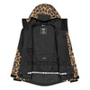 Schwarze Jacke mit Leopardenmuster und Kapuze, von innen geöffnet.