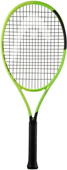 Ein grüner Tennisschläger mit schwarzem Griffband und schwarzem Streifen oben.