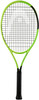 Ein grüner Tennisschläger mit schwarzem Griffband und schwarzem Streifen oben.