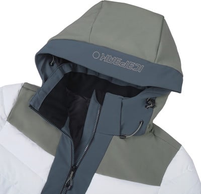 Grüne Jacke mit weißen und grauen Einsätzen und ICEPEAK-Logo auf der Kapuze. Grüne Jacke mit weißen und grauen Einsätzen und ICEPEAK-Logo auf der Kapuze.