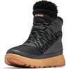 Schwarze Columbia Winterstiefel mit Pelzkragen und goldenen Schnürsenkeln.