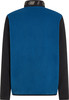 Blaue Fleecejacke mit schwarzen Ärmeln und Logo am Kragen.