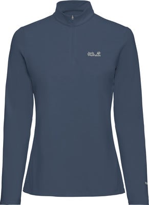 Dunkelblaues Damen-Langarmshirt mit halbem Reißverschluss und Jack Wolfskin-Logo.