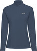 Dunkelblaues Damen-Langarmshirt mit halbem Reißverschluss und Jack Wolfskin-Logo.