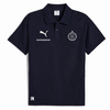 Marineblaues Polohemd mit Puma-, Intersport- und Vereinslogo.