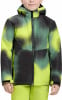 Kinder-Winterjacke mit buntem Muster und Kapuze.
