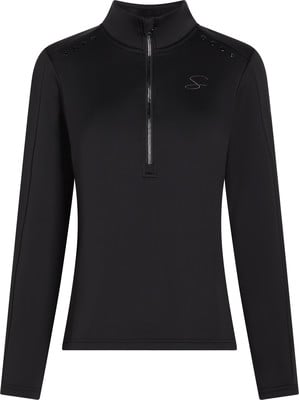 Schwarzes Damen-Stretch-Top mit kurzem Reißverschluss und Logo auf der Brust. Schwarzes Damen-Stretch-Top mit kurzem Reißverschluss und Logo auf der Brust.