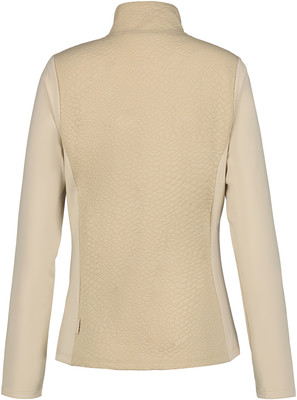 Rückseite einer beigen Jacke mit gestepptem Muster und glatten Ärmeln. Rückseite einer beigen Jacke mit gestepptem Muster und glatten Ärmeln.