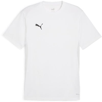 Ein weißes Puma-T-Shirt mit schwarzem Logo auf der Brust und Drycell-Technologie. Ein weißes Puma-T-Shirt mit schwarzem Logo auf der Brust und Drycell-Technologie.