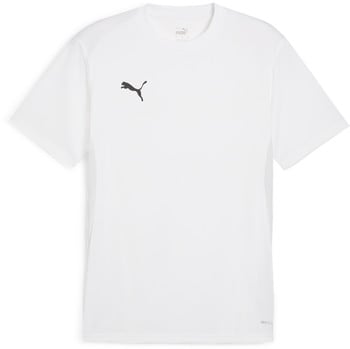 Ein weißes Puma-T-Shirt mit schwarzem Logo auf der Brust und Drycell-Technologie.