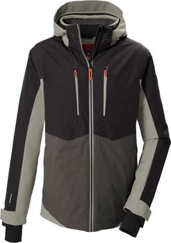 Schwarze Herren-Skijacke mit grauen und dunkelgrauen Einsätzen und orangefarbenen Reißverschlüssen.