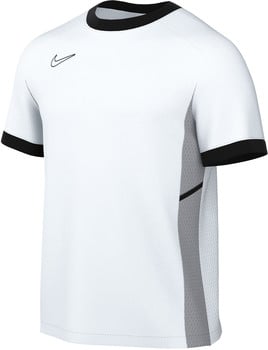 Weißes Nike T-Shirt mit schwarzem Kragen und Logo.