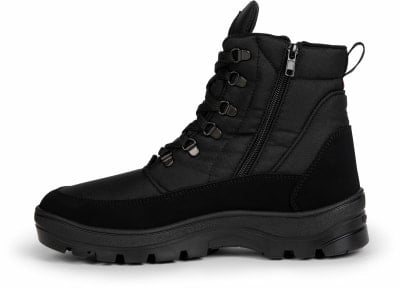 Schwarzer Knöchel-Stiefel mit seitlichem Reißverschluss und Schnürung, ideal für Winterwetter. Schwarzer Knöchel-Stiefel mit seitlichem Reißverschluss und Schnürung, ideal für Winterwetter.