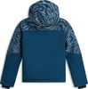 Blaue Jacke mit Kapuze und Zebramuster auf Ärmeln und Kapuze.