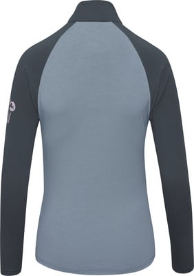 Rückansicht eines grauen Damenlangarmshirts mit Logo. Rückansicht eines grauen Damenlangarmshirts mit Logo.
