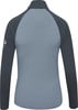 Rückansicht eines grauen Damenlangarmshirts mit Logo.