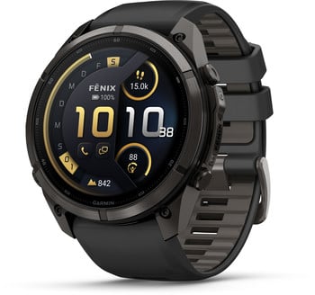 Eine Garmin Fenix Smartwatch mit schwarzem Armband und einem Zifferblatt, das die Uhrzeit anzeigt.