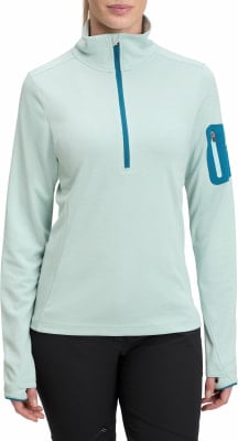 Damen hellblauer Fleecepullover mit Stehkragen und halbem Reißverschluss. Damen hellblauer Fleecepullover mit Stehkragen und halbem Reißverschluss.