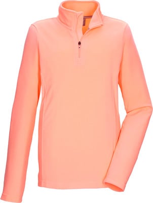 Orangefarbener Fleece-Pullover mit kurzem Reißverschluss und Stehkragen. Orangefarbener Fleece-Pullover mit kurzem Reißverschluss und Stehkragen.