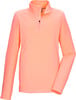 Orangefarbener Fleece-Pullover mit kurzem Reißverschluss und Stehkragen.