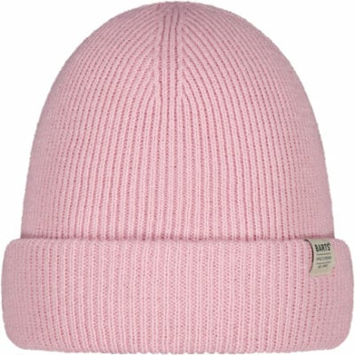 Eine rosa Strickmütze mit Umschlag und kleinem Markenetikett.