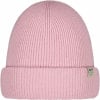 Eine rosa Strickmütze mit Umschlag und kleinem Markenetikett.