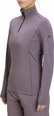 Damen-Lila-Stretch-Oberteil mit langen Ärmeln und kurzem Reißverschluss. Damen-Lila-Stretch-Oberteil mit langen Ärmeln und kurzem Reißverschluss.