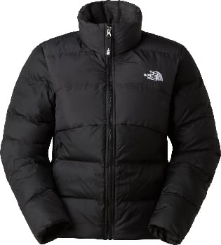 Schwarze Daunenjacke von The North Face mit Logo auf der Brust und Stehkragen.