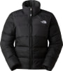 Schwarze Daunenjacke von The North Face mit Logo auf der Brust und Stehkragen.