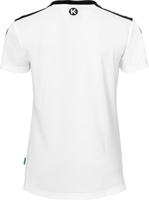 Weißes T-Shirt mit schwarzem Logo auf dem Rücken und schwarzen Streifen an den Schultern. Weißes T-Shirt mit schwarzem Logo auf dem Rücken und schwarzen Streifen an den Schultern.