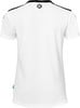 Weißes T-Shirt mit schwarzem Logo auf dem Rücken und schwarzen Streifen an den Schultern.