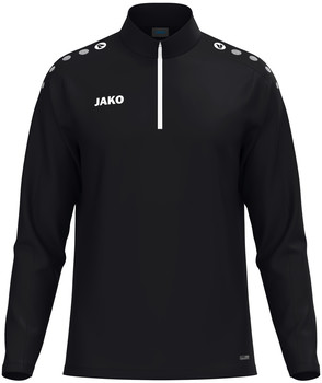 Schwarzer Pullover mit kurzem Reißverschluss, JAKO-Logo auf der Brust und Reflektoren.