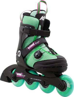 Grüne K2 Lumi BOA Inlineskates mit rosa und grünen Akzenten. Grüne K2 Lumi BOA Inlineskates mit rosa und grünen Akzenten.