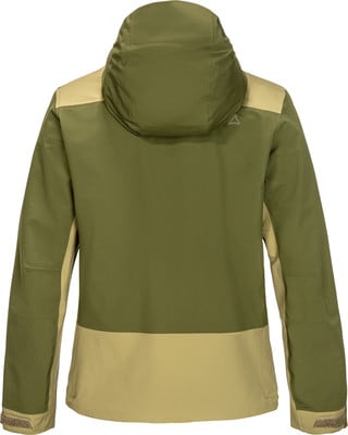 Grüne Jacke mit beige Einsätzen und Kapuze, vorne ist ein Logo. Grüne Jacke mit beige Einsätzen und Kapuze, vorne ist ein Logo.