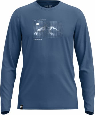 Blaues Langarmshirt mit Berg- und Monddruck. Blaues Langarmshirt mit Berg- und Monddruck.