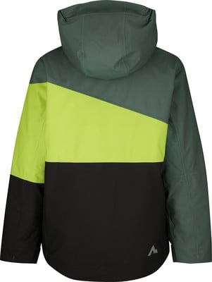 Grüne Jacke mit Farbblockierung und Kapuze, mit Berglogo auf dem Rücken. Grüne Jacke mit Farbblockierung und Kapuze, mit Berglogo auf dem Rücken.