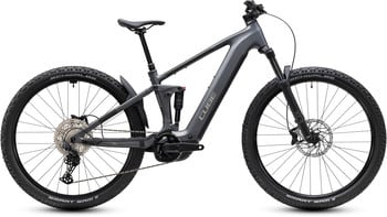 Ein graues vollgefedertes Cube Mountain E-Bike mit Vorder- und Hinterradfederung.