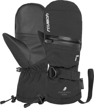 Schwarze Reusch Skifäustlinge mit Logo und Reißverschluss am Handgelenk.