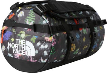 Schwarze The North Face Tasche mit Blumenmuster und weißem Logo.