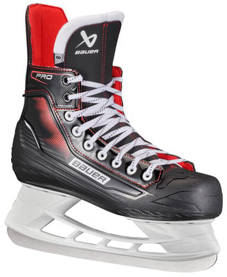 Ein Bauer PRO Eishockey-Schlittschuh in Schwarz und Rot mit Schnürsenkeln. Ein Bauer PRO Eishockey-Schlittschuh in Schwarz und Rot mit Schnürsenkeln.
