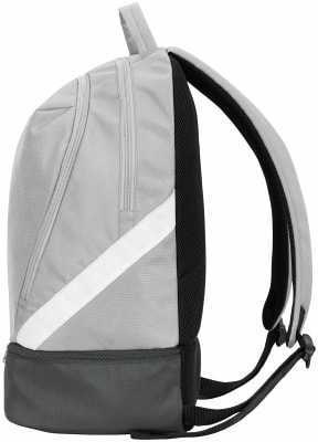 Grauer Rucksack mit weißem Streifen und schwarzem Mesh auf der Rückseite. Grauer Rucksack mit weißem Streifen und schwarzem Mesh auf der Rückseite.