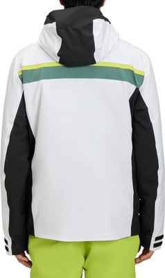 Rückansicht einer weißen Skijacke mit schwarzen und grünen Streifen. Rückansicht einer weißen Skijacke mit schwarzen und grünen Streifen.