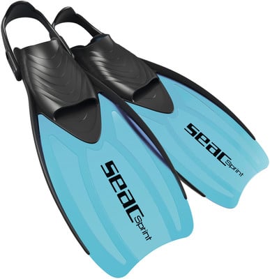 Schwimmflossen mit blauer Klinge und schwarzem Riemen, Marke SEAC. Schwimmflossen mit blauer Klinge und schwarzem Riemen, Marke SEAC.
