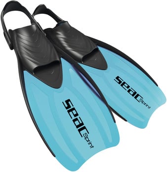 Schwimmflossen mit blauer Klinge und schwarzem Riemen, Marke SEAC.