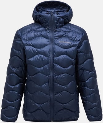 Dunkelblaue Daunenjacke mit Kapuze und Wellensteppung. Dunkelblaue Daunenjacke mit Kapuze und Wellensteppung.