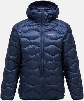 Dunkelblaue Daunenjacke mit Kapuze und Wellensteppung.