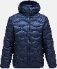 Dunkelblaue Daunenjacke mit Kapuze und Wellensteppung.