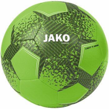 Ein grüner Fußball von Jako mit Streifen- und Punktmuster.